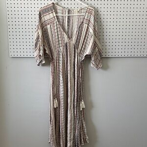Striped V-Neck Maxi Dress - Cream and Brown
